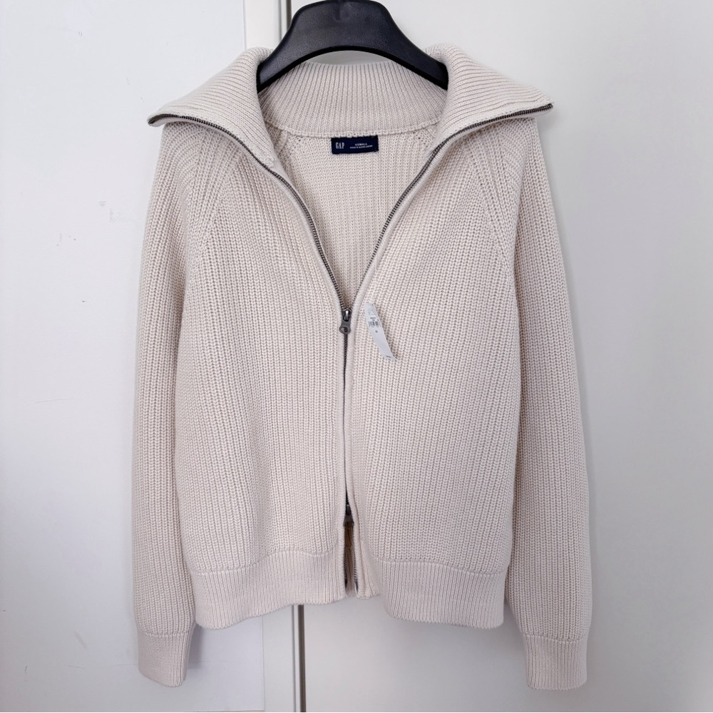 GAP shaker stitch zip 100% cotton cardigan XS chino beige